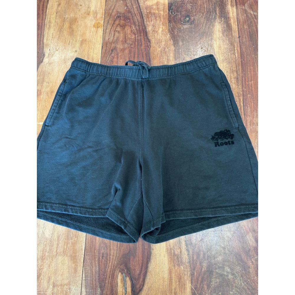 Roots sweat shorts women large black embroidered logo drawstring lounge athletic